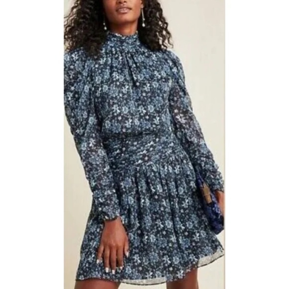 Misa Los Angeles Blue and Black Pleated Mini Dress